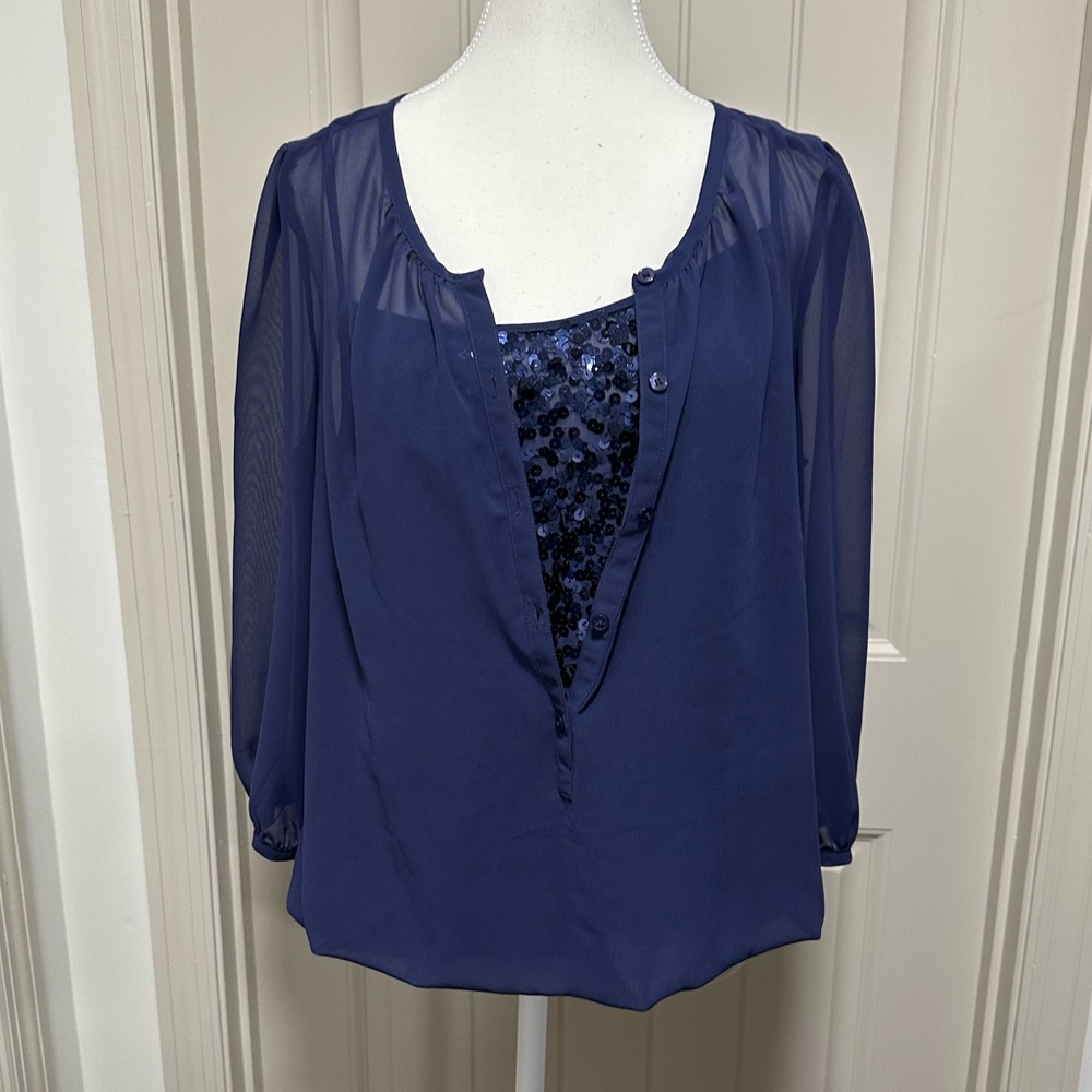 LOFT Navy Blue Sheer Blouse with Sequin Detail
